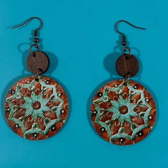 Mandala Flower Wooden Earrings (Handcrafted) - Picture 2 of 5